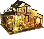 OZJAY DIY Miniature House Kit, Tiny House Kit with LED & Music Movement, DIY Wooden Dollhouse Miniature Kit for Adults Teen, Creative Birthday Home Decor(Bamboo Stream Garden)