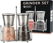 Luxury Stainless Steel Salt and Pepper Mill Set of 2 with Stand - Adjustable Ceramic Sea Salt Grinder & Black Pepper Grinder, Glass Salt and Pepper Shakers(160ml x 2 Mills)