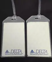 VINTAGE DELTA AIR AIRLINE LUGGAGE TAGS 2-TAG SET - SUBTLE TRIANGLE - BAG NAME ID