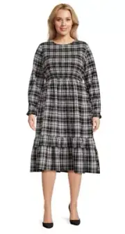 ️TERRA & SKY Women 3X Peasant Tiered Long Sleeve Midi Dress • Playful Plaid