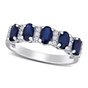 Oval Blue Sapphire and 0.17 CT. T.W. Natural Diamond Five Stone Ring in Solid 14K White Gold
