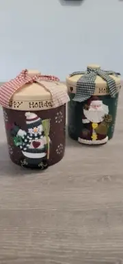Happy Holidays 3D Set Of 2 Santa & Snowman Stoneware Canister Cookie Jars 8"