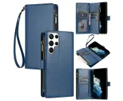 Samsung Galaxy S22 Ultra Wallet Case with Lanyard Leather Card Flip Case -Blue