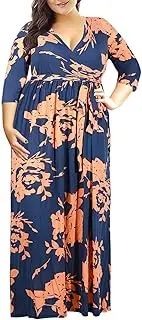 [Nemidor] Women's 3/4 Sleeve Floral Print Plus Size Casual Party Maxi Dress (28, OrangePrint)