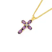 9ct Gold Amethyst & Diamond Cross Pendant in Purple