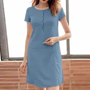 ZANZEA Womens Casual Loose Dress Holiday Short Sleeve Round Neck Plain Vestidos Sundress