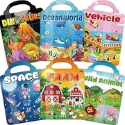 6 Pack Reusable Puffy Sticker Book for Kids 2-4 Toys, Reusable Sticker Pad, Includes 6 Themes Dinosaurs,Farm,Ocean World, Space, Vehicle, Wild Animal, Activity Books for Toddlers 1-3