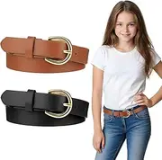[Xinjoduz] 2 Pack Girls Belt, Leather Material Kids Belts with Double O-Ring Buckle Skinny Adjustable Toddler Belt for Jeans Dress School Uniforms(Black & Brown), Black Brown