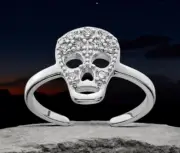 925 Sterling Silver Polished CZ Cubic Zirconia Skull Toe Ring - Adjustable toe