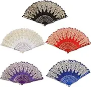 INNOLIFE InnoLife174; Elegant Colorful Embroidered Flower Peacock Pattern Sequin Fabric Folding Handheld Hand Fan Hand-Crafted 5 Pcs - Spanish Pattern