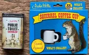 Archie McPhee Squirrel Coffee Cup + Public Toilet Survival Kit. New! Free ship