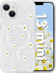 Tcaraersing for iPhone 13 Mini 5.4'' for Magnetic Clear Flower Case, Compatible with MagSafe, Floral Pattern Transparent Shockproof PC Back Soft TPU Slim Thin Cover for Girls Women - Daisy