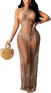 [Outmovern] Women Sexy Halter Sleeveless Mesh See Through Crochet Maxi Long Dress Backless Knitted Beach Bikini Swimsuit Cover Ups (Halter Neck - Brown,Large)