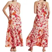 Tyler Boe Linen Maxi Dress XL Floral Tropical Tiered Pockets NWT