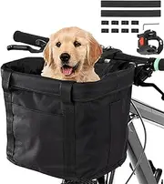 Bicycle Basket, Foldable Waterproof Bicycle Handlebar Basket, Removable Handlebar Basket, Aluminium Alloy Frame, Dog, Cat, Pet Carrier for Small Dog, Mountain Picnic, Shopping (Black)