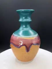 Walt Glass Pottery Texas Sunset Turquoise Drip Glaze Vase 6" Tall, 1990
