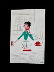 1 VTG Unused MCM Xmas Greeting Card Lovely Young Lady On The Phone In New York