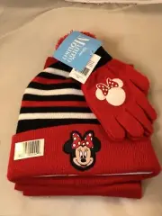 Disney Minnie Mouse Girls 3 Piece Beanie Hat Scarf and Glove Set Red White Black