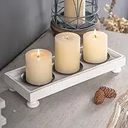 Multifunctional Wooden Candle Trays 3 Pillar Candles Plate Home Decor, Distressed White Candlestick Holders for Table Centerpieces Wedding Bedroom Dining Living Room Dinner (13.8" x 2.2" x 5.5")