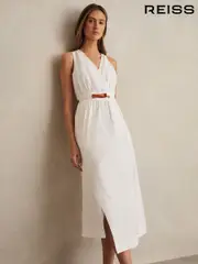 Reiss Ivory Brianne Poplin Belted Split Midi Dress (AP8480) | $350