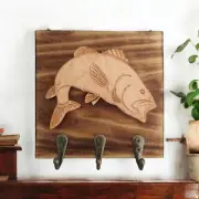 Handcrafted Rustic Wood Key Holder Wall Hanger Bass Fishing Decor Key Hook 5 x 5