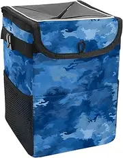 Car Trash Can with Lid and Storage Pockets Leak-Proof Organizer,Waterproof Garbage Can,Abstract Blue Camoflage