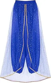 [TiaoBug] Womens Satin Harem Pants Belly Dance Costume Tribal Arabic Princess Sequined Tulle Skirted Bloomers Pants