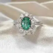 2.00 CT Oval Cut Green Emerald Moissanite Halo Women Ring 925 Sterling Silver