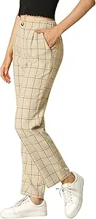 [Allegra K] Women's Plaid Pants Elastic Waist Casual Work Office Long Trousers