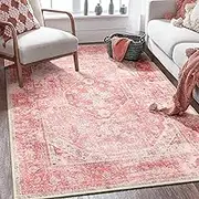 MUJOO Pink Rugs for Bedroom 4x6.5 Area Rugs Girls Boho Rugs for Living Room Washable Rug Non Slip Throw Carpet for Bedside Dorm Dining Room Indoor Soft Light Pink Floral Home Decor