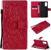SATURCASE Case for Samsung Galaxy S20 FE 5G, Sun Flower Embossing PU Leather Flip Magnet Wallet Stand Card Slots Protective Cover with Hand Strap for Samsung Galaxy S20 FE 5G (Red)