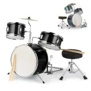 3-Pieces Junior Kids Drum Set Kit Pedal Drum Stick Wrench Drum Stool Black Blue