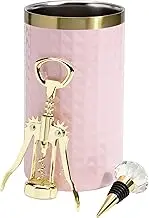 Paris Hilton Wine Bottle Chiller Set, Insulated Double Wall Chiller, Gold Winged Corkscrew Wine Bottle Opener, Diamond Wine Stopper, 3-Piece Set, Pink