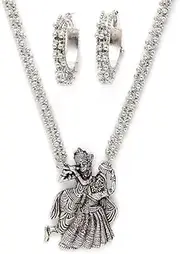 [JSMA CARE] Oxidised Silver Designer Jewellery Radha Krishna Necklace Set for Women & Girls Oxidised Silver Necklace Jewelry Set, Traditional, Peacock Design, for Women and Girls
