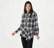 New Susan Graver Printed Stretch Woven Button-Front Asymmetrical Hem Top Size S