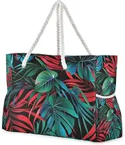 [Yoogain] Tropical Leaves Modern Large Capacity Sandproof Outdoor Tote with side pocketes Weekender Overnight Bag for beach&work, Tropical Leaves Modern, 1 size