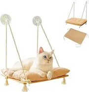 Cat Window Perch with Cool Mat, Cat Window Hammock with Replaceable Cushion Bed, Natural Color Wood with 4 Strong Suction Cups, Safety Window Bed for Indoor Cats Shelves Accessories