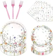 refavor Floral Paper Plates Set - 96PCS Wildflower Party Decorations Supplies Flower Baby in Bloom Baby Shower Decorations Disposable Flower Paper Plates Napkins Tableware Spring Summer Picnic Party