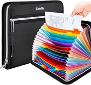 Tamfile Fireproof Waterproof Safe Expanding File Folder Accordion Document Organizer with 24 Pockets Portable Money File Bag Filing Holder and Color Lables/3Zippers A4 Letter Size (Black,14.3" 9.8")