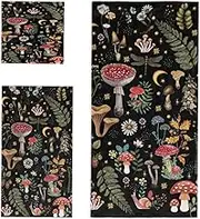 YoCosy 3 Piece Cotton Towel Set - Microfiber Soft Bath Towel Sets Absorbent Quick Dry Towels for Bathroom, Gym, Hotel, and Spa (Contains 1 Bath, 1 Hand, 1 Washcloth), Black Boho Mushroom