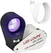Illuminated Jewelers Loupe Magnifier 40x, Rechargeable Jewellery Magnifying Glass Foldable Jewelry Magnifier LED Loupe Triplet with 6 LEDs & UV Light for Gems, Jewelry, Coins, Stamps, etc