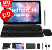 10" Android 14 2-in-1 Tablet, 8+64GB, FHD, w/ Keyboard, Stylus, Mouse, Black