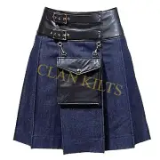 Handmade Blue Denim with Black Leather Belt Utility Traditional Kilt For Men