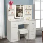 White Dressing Table Stool Makeup Vanity Set 5-Drawers Desk with Lighted Mirror