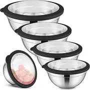 Herogo Mixing Bowl, Set of 5, Stainless Steel Salad Bowl with Transparent Airtight Lid, Bowl Set for Baking, Serving, 4.5L/2.7L/1.5L/1.2L/0.7L, Stackable, Dishwasher Safe, Black