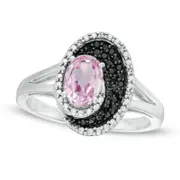 Oval Lab-Created Pink Sapphire and 0.10 CT. T.W. White and Enhanced Black Diamond Split Shank Ring in Sterling Silver