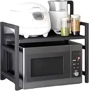 Expandable Microwave Oven Rack, 2 Tier Kitchen Countertop Shelf, Kitchen Counter Top Organizer with Cutting Board Holder, 6 Hooks, Adjustable (Black)