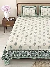 Marusthali indian jaipuri print cotton bed sheets rajasthani handblock print bed sheet cotton bed sheets for king size bed printed bedsheets 180 tc soft bed sheet 90 x 108 inches (Green)