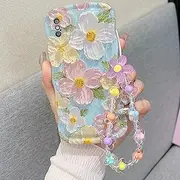 for iPhone X iPhone Xs Curly Wavy Case, Cute Colorful Retro Oil Painting Flower Glossy Pattern [with Bead Chain], Slim Fit Shockproof Protective Cover for Girls Women (Green)