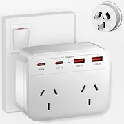 USB Plug Extension - PD 20W USB C Powerpoint, 2 Way Socket Extender with 2 USB-C & 2 USB A, 6-in-1 Grounded Plug Power Outlet Double Adapter, Extension Board for Home, Office, Bedroom, Travel